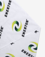 Load image into Gallery viewer, Enertor White Neck Tube With Green and Yellow Swish Gradient Logo Close Up
