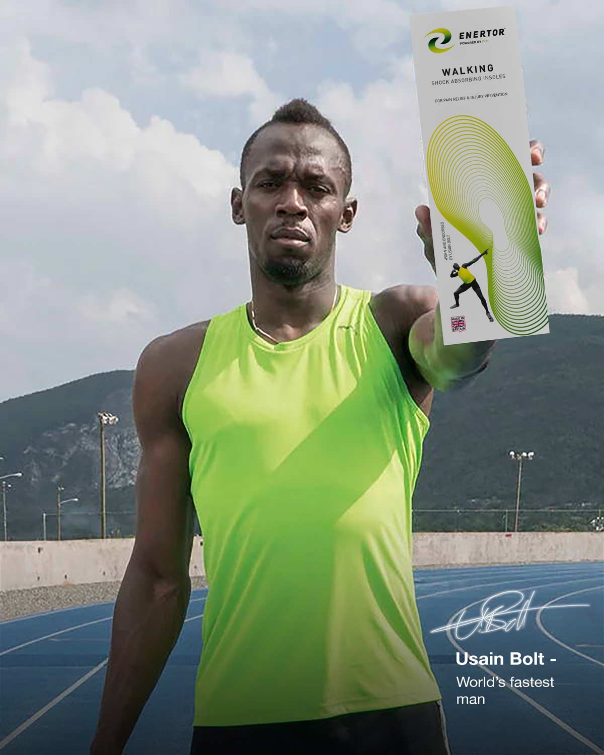Usain Bolt holding Enertor Walking Insoles