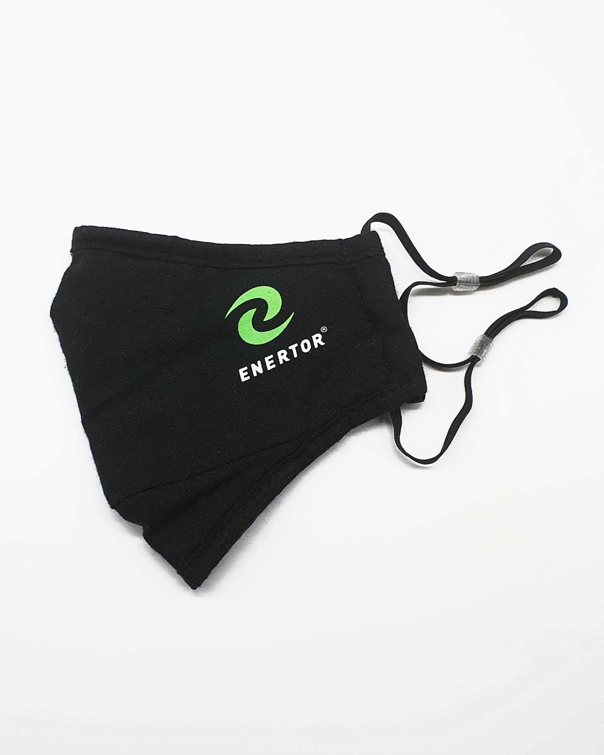 Enertor Face Mask with adjustable straps in black with green and white logo on the right hand side folded view