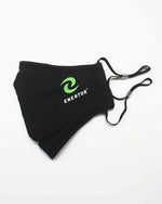 Load image into Gallery viewer, Enertor Face Mask with adjustable straps in black with green and white logo on the right hand side folded view
