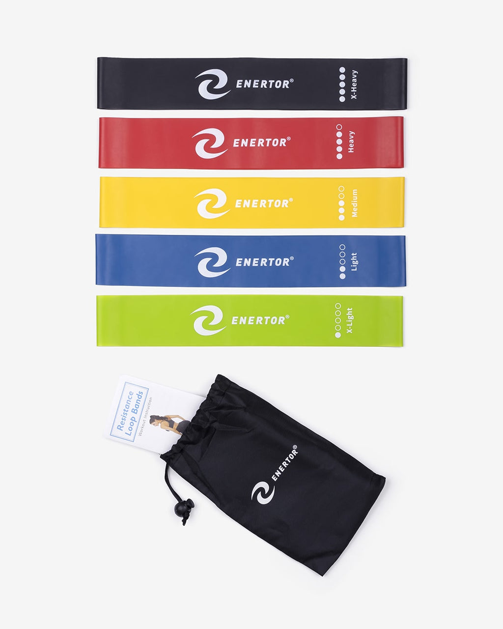 Enertor Exercise resistance bands - varying weights laid out in a stack