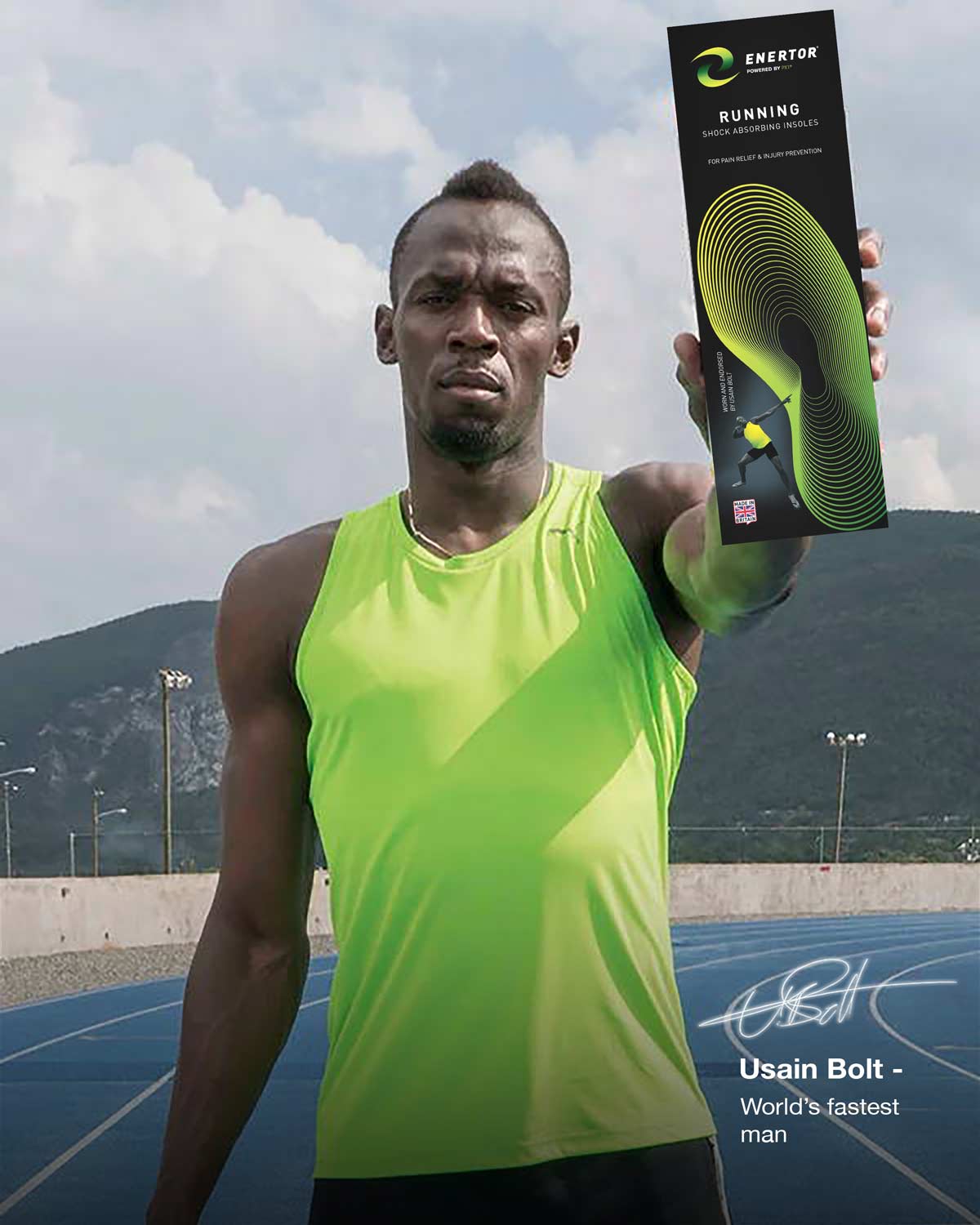 Usain Bolt holding Enertor Running Insoles